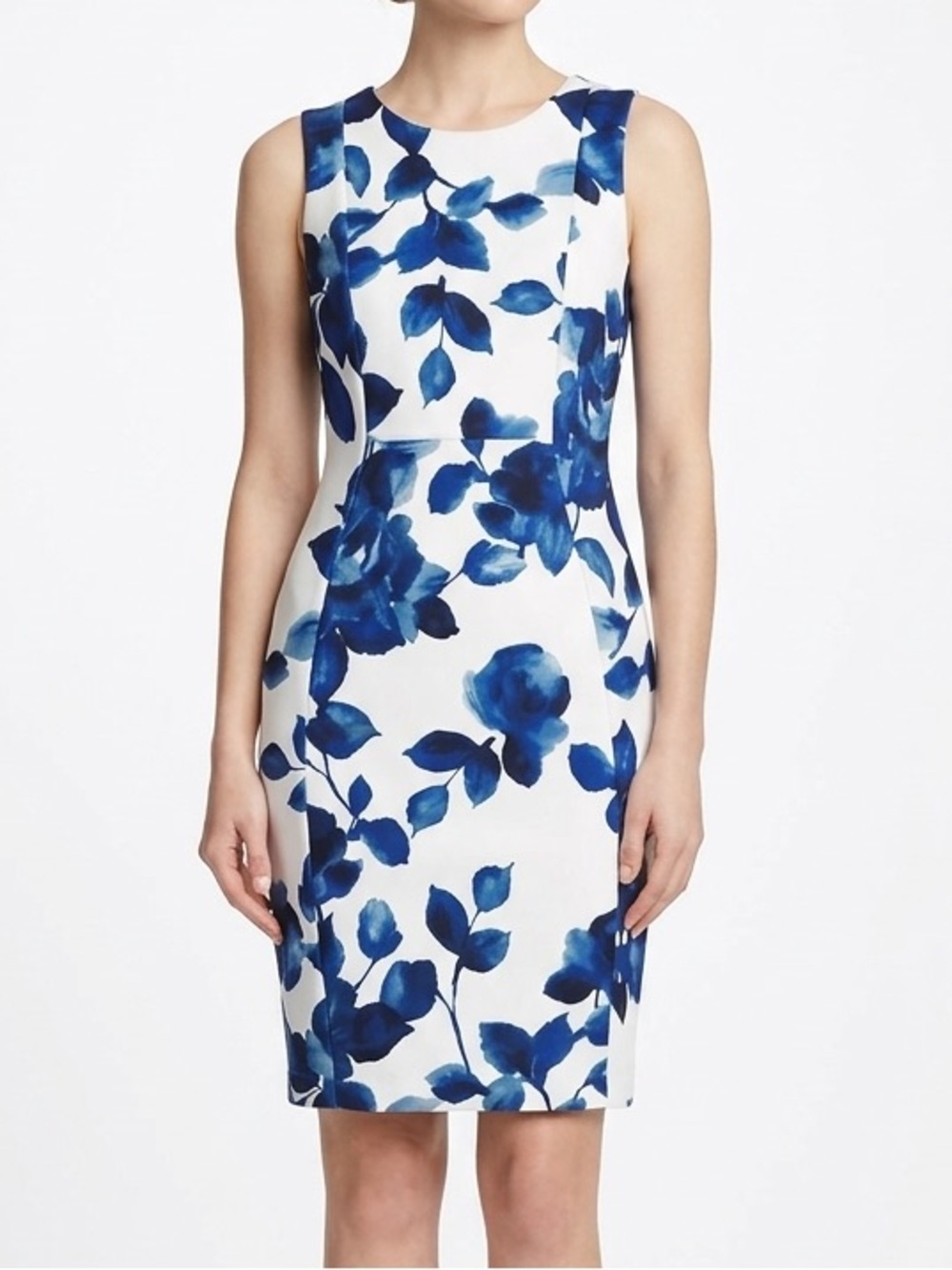 Calvin Klein Scuba Sheath Sleeveless Watercolor Floral Print Dress Blue/White 6P